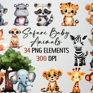 Baby Safari Animals Clipart, Cute Animals PNG Bundle, Jungle Clipart, Cute Baby Shower Nursery Decor- Birthday Baby Lion Giraffe Elephant