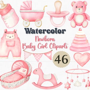 Watercolor Baby Girl Clipart Set: Pink Nursery Art, Baby Shower (46 PNG Files)
