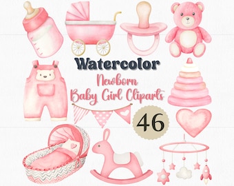 Watercolor Baby Girl Clipart Set: Pink Nursery Art, Baby Shower (46 PNG Files)