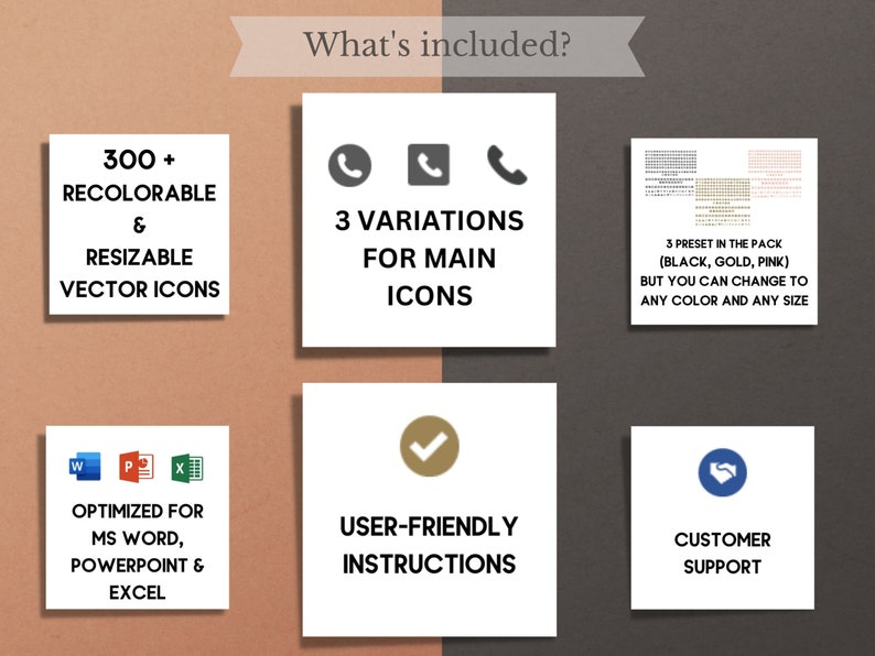 May include: A graphic showing what's included in a digital product. It includes 300+ recolorable and resizable vector icons, 3 variations for main icons, user-friendly instructions, and customer support.