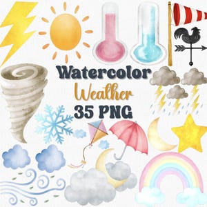 Conjunto de imágenes prediseñadas del clima en acuarela: 35 PNG / Imágenes prediseñadas del clima lindas: arcoíris, sol, nubes, lluvia, tormenta, pronóstico, copos de nieve, gráficos para el aula