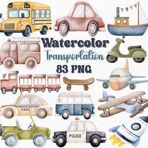 Aquarell Transport Clipart - 83 PNG, Autos, LKW, Bus, Flugzeug, Zug, Fahrzeug Clipart für Kinder, Kinderzimmer, Geburtstagseinladung Clipart