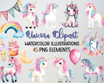 Watercolor Unicorn Clipart Set of 45 PNG Files, Baby Unicorn Clipart, Unicorn Clipart PNG, Unicorn Head PNG, Cute Unicorn Clipart Bundle