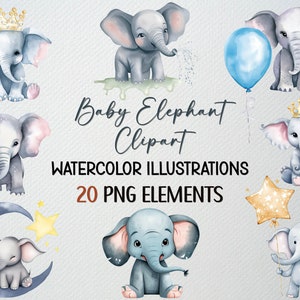 Set di clipart di elefantini ad acquerello di 20 file PNG, clipart di baby shower, PNG di animali carini, clipart di vivaio, PNG di elefanti che dormono