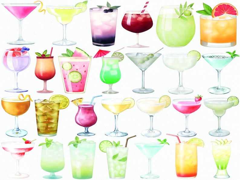 Cocktail Ranges Colour Watercolor Cocktail Clipart Set: 49 PNG Summer Drink Graphics ...