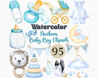 Aquarel babyjongen clipartset: 95 png-afbeeldingen, blauwe kinderkamerkunst (inclusief commerciële licentie)