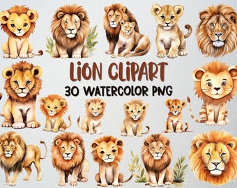 Conjunto de clipart de leão em aquarela, ilustrações de filhotes de leão (30 arquivos PNG)