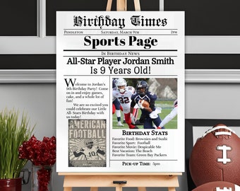 Football Party Sign, Football Welcome Sign, Football Party Decor, Sports Newspaper Template, Printable Football Party Supplies, Sports Page