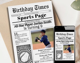 Baseball Birthday Invitation With Photo, Newspaper Themed Baseball Invitation, Softball Birthday Invitation, Baseball Party Invitation