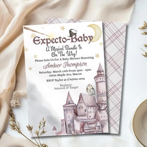 Faire-part de baby shower de sorcier, lot magique sur son chemin, invitation de baby shower de sorcière, invitation de baby shower magique, invitation de baby shower de hibou