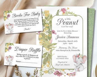 Inbjudan till babyshower med blommig elefant i blommigt tema, En liten jordnöt är på väg, Inbjudan till babyshower med grönt och lila elefanttema