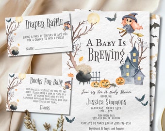 A Baby Is Brewing Halloween Baby Shower Invitation, Halloween Baby Shower Invitation, Fall Witch Baby Shower Invitation, Autumn Invitation