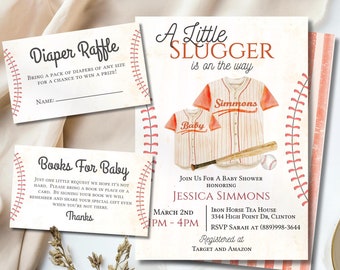 Zaproszenie na imprezę A Little Slugger Is On The Way, Zaproszenie na imprezę baseballową dla niemowląt, Zaproszenie na imprezę sportową dla niemowląt, Baby Shower dla małych nowicjuszy