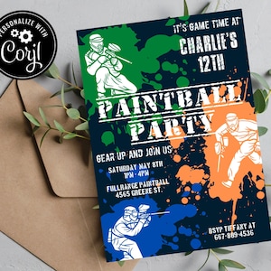Paintball Party Invitation, Paintball Birthday Invitation, Editable Paintball Invite, Printable Paintball Invitation Template, Corjl Invite
