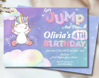 Unicorn Jump Party Invitation, Unicorn Trampoline Park Birthday Invitation, Unicorn Bounce House Birthday Invitation, Girl Jump Party Invite