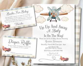 Airplane Baby Shower Invitation, Up Up And Away Baby Shower Invite, Plaid Baby Shower Invitation, Vintage Travel Baby Shower Invitation