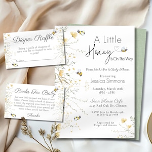 Invitación para baby shower con un poco de miel en camino, invitación para baby shower con abejas, invitación con abejas y flores silvestres, un poco de miel está en camino