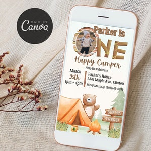One Happy Camper Birthday Invitation, Camping First Birthday Invite, Digital First Birthday Invitation, Woodland First Birthday Invitation