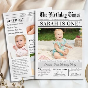 Convite de jornal para o primeiro aniversário, convite simples para o primeiro aniversário com foto, modelo de jornal para aniversário, convite exclusivo para o primeiro aniversário