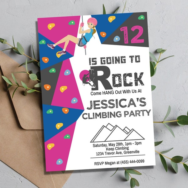Editable Girl Rock Climbing Birthday Invitation, Printable Rock Wall Party Invitation, Climbing Wall Birthday Invite, Rock Climbing Invite