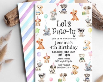 Dog Birthday Party Invitation, Let's Paw-ty Invite, Dog Themed Party Invitation, Cute Animal Birthday Invitation, Puppy Birthday Invitation