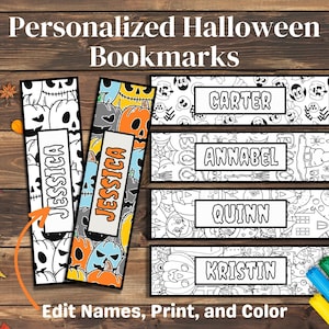 Puede incluir: Cuatro marcapáginas temáticos de Halloween en blanco y negro con espacio para escribir nombres. Los marcapáginas presentan calabazas, fantasmas, murciélagos y otras imágenes de Halloween. Los nombres "Jessica", "Carter", "Annabel", "Quinn" y "Kristin" están escritos en los marcapáginas.