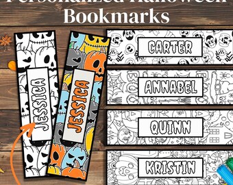 Custom Halloween Bookmarks, Coloring Halloween Bookmarks, Printable Spooky Bookmarks, Halloween Boookmark With Name, Halloween Party Favors