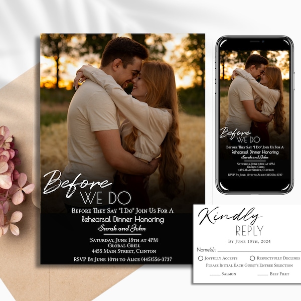 Rehearsal Dinner Invitation With RSVP Card, Black Rehearsal Dinner Invitation, Rehearsal Dinner Invite With Photo, Modern Rehearsal Dinner