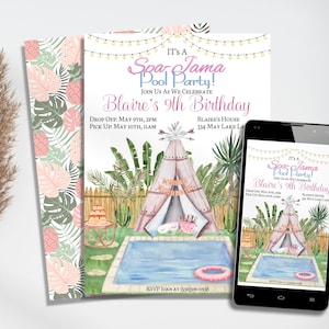 Spajama Pool Party Invitation, Spa Sleepover Invitation, Boho Pool Sleepover Invitation, Tent Sleepover Invitation, Teepee Pool Birthday