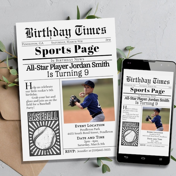 Baseball Birthday Invitation With Photo, Newspaper Themed Baseball Invitation, Softball Birthday Invitation, Baseball Party Invitation