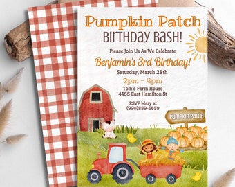 Pumpkin Patch Birthday Invitation, Fall Farm Birthday Party Invite, Pumpkin Theme Birthday Invitation, Pumpkin Patch Party Invite