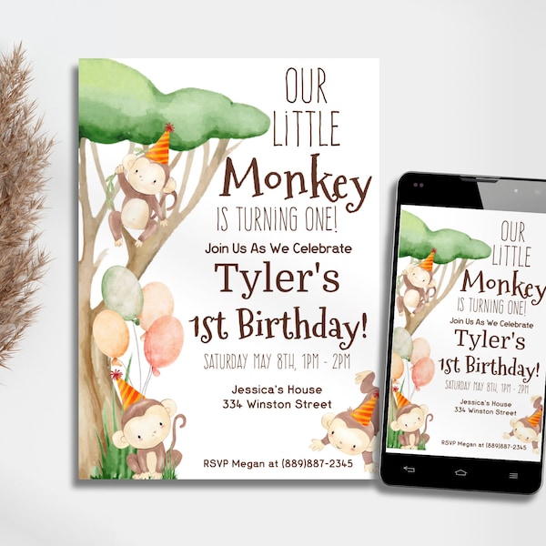 Monkey Birthday Party Invitation, Monkey Party Invitations, Jungle Birthday Party Invitation, Jungle Theme Birthday Party, Monkey Invitation