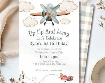 Invitación de cumpleaños de avión, invitación de cumpleaños Up UP and Away, invitación de cumpleaños con temática de viajes vintage, invitación a fiesta de cumpleaños de avión