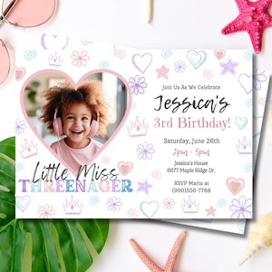 Little Miss Threenager Invitation, Third Birthday Invitation With Photo, Girl 3rd Birthday Invite, Printable Threenager Birthday Invitationa