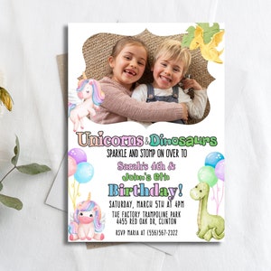 Unicorn Dinosaur Birthday Invitation, Dinosaur and Unicorn Party Invitation With Photo, Sibling Birthday Invitation, Dino Unicorn Invite