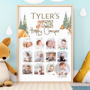 One Happy Camper Geburtstagsschild, One Happy Camper Partydekoration, Erster Geburtstag Schild mit Bildern, Woodland Erster Geburtstag Schild