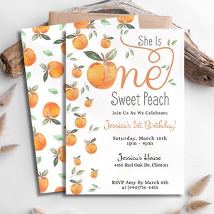 Un invito di compleanno dolce pesca, invito festa primo compleanno pesca, invito a tema pesca primo compleanno ragazza, invito compleanno frutta