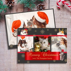 Meowy-kerstkaart, kattenkerstkaart, grappige familiekerstkaarten, kerstkaartsjabloon met foto's, kattenkerstkaart met afbeeldingen
