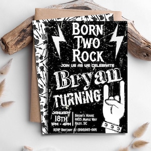 Born Two Rock Invitation, Born Two Rock Birthday Party Invite, 2nd Birthday Rock and Roll Party Invitation, Two Rocks Birthday Invitation