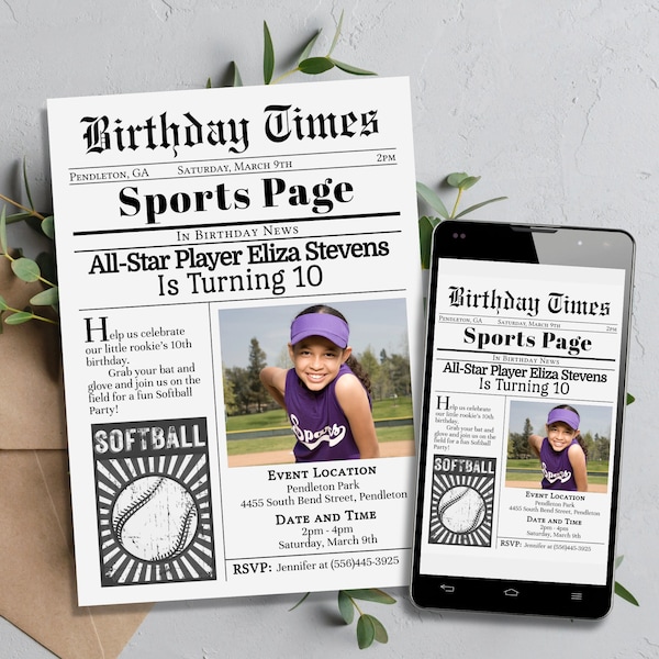 Softball Birthday Invitation With Photo, Softball Invitation With Picture, Newspaper Baseball Invitaiton, Softball Party Invitation