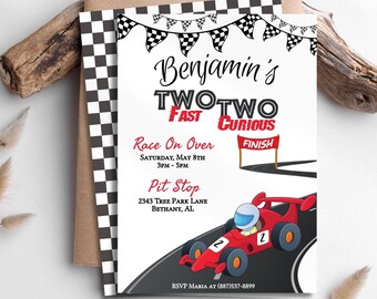 May include: A red and black race car themed invitation for a birthday party. The invitation says "Benjamin's Twotwo Fast Curious" and includes details about the party, including the date, time, and location. The invitation also includes a cartoon race car with the number 2 on it.