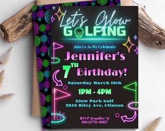 Invito di compleanno modificabile per minigolf, invito per festa di minigolf luminoso, invito per festa di minigolf, invito per festa di minigolf al neon, festa luminosa