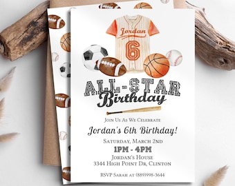 Invitación a fiesta de cumpleaños de All Star, plantilla de invitación de cumpleaños deportiva, invitación de cumpleaños con temática deportiva, invitación a fiesta de All Star