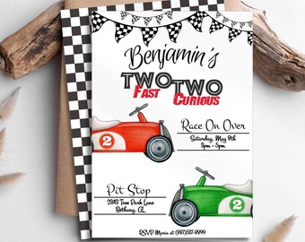 Editable Two Fast Two Curious Birthday Invitation, Printable Second Birthday Race Car Invitation, 2 Fast 2 Curious 2nd Birthday Party Invite