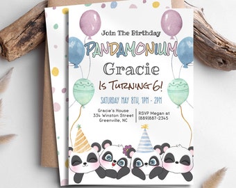 May include: A birthday invitation with a panda theme. The invitation features a watercolor illustration of three pandas wearing party hats and surrounded by balloons. The text on the invitation reads "Join the Birthday Pandamonium Gracie is Turning 6! Saturday May 8th, 1PM - 2PM Gracie's House 334 Winston Street Greenville, NC RSVP Megan at (889)887-2345"