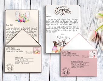 Op de afbeelding: Een roze en witte envelop met een konijnenillustratie en de tekst "Happy Easter" in handschrift. De envelop is geadresseerd aan "Brittany Stevens" met een retouradres voor "Easter Bunny, 456 Woodland Drive, Easter Island SA 44556".