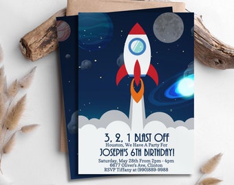 Space Birthday Party Invitation, Outer Space Birthday Invitation, Blast Off Birthday Invite, Rocket Ship Invitation, Space Theme Invitation