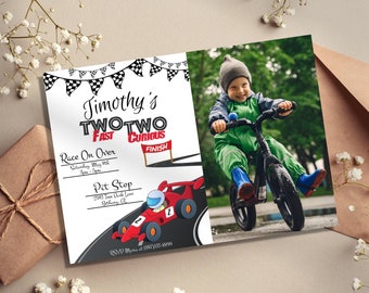 May include: A birthday invitation for a boy's second birthday party with a race car theme. The invitation features a red race car with a checkered flag finish line and the text "Timothy's Two Two Fast Curious".