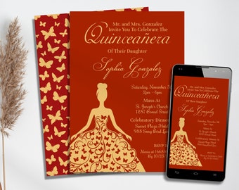 May include: Red and gold Quinceañera invitation with a silhouette of a woman in a dress decorated with butterflies. The invitation includes the text "Mr. and Mrs. Gonzalez Invite You To Celebrate The Quinceañera of Their Daughter Sophia Gonzalez" and details for the event.