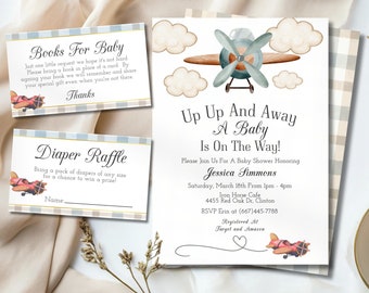 Airplane Baby Shower Invitation, Up Up And Away Baby Shower Invite, Plaid Baby Shower Invitation, Vintage Travel Baby Shower Invitation